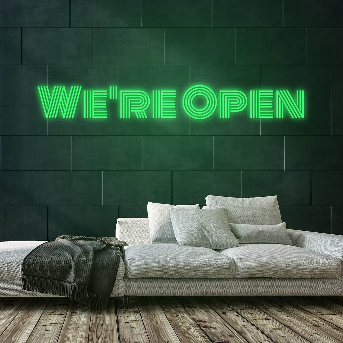 We're Open Neon Sign — Green neon (room)