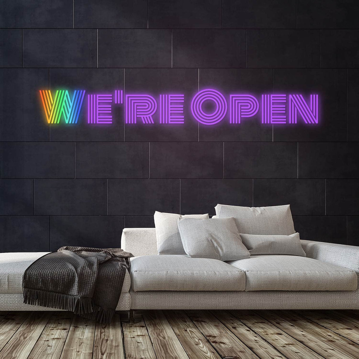 We're Open Neon Sign — Multicolor neon (room)