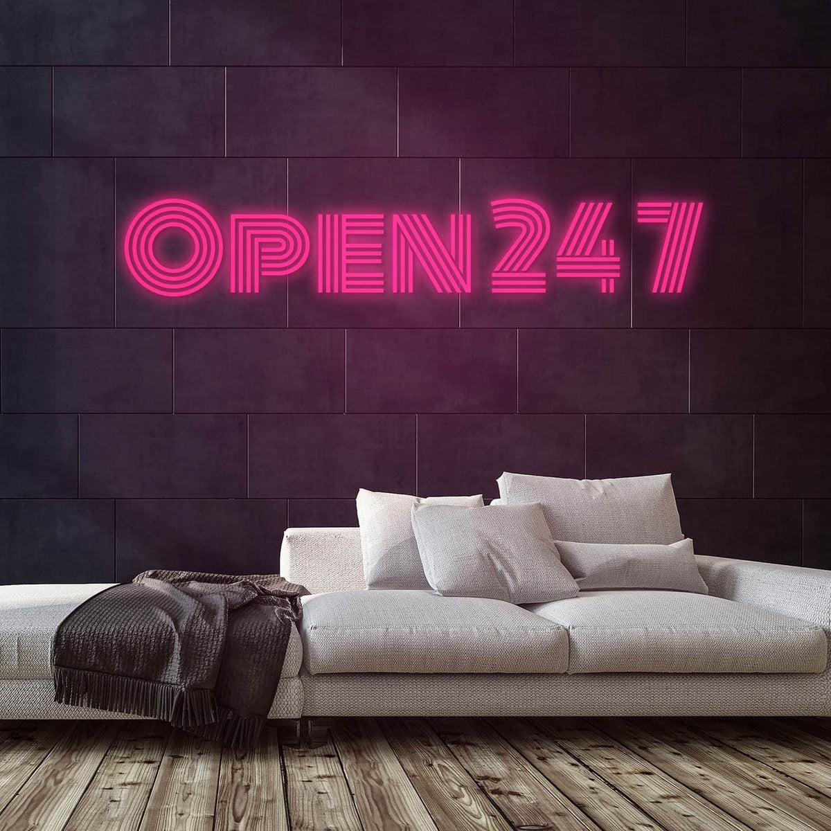 Open 24 7 Neon Sign — Pink neon (room)