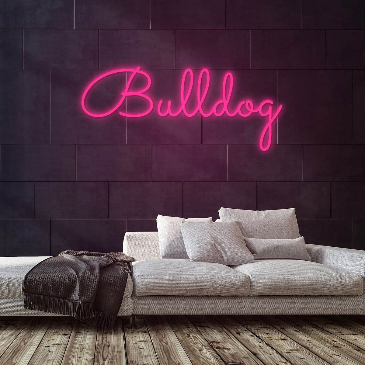 Bulldog Neon Sign — Pink neon (room)