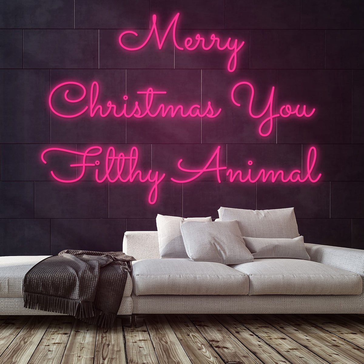 Merry Christmas You Filthy Animal Neon Sign — Pink neon (room)