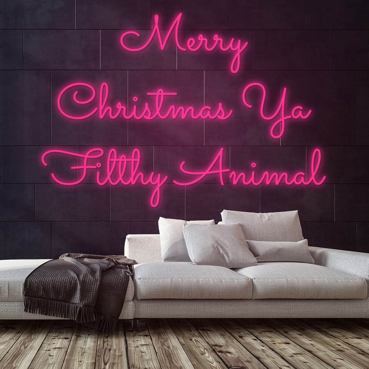 Merry Christmas Ya Filthy Animal Neon Sign — Pink neon (room)