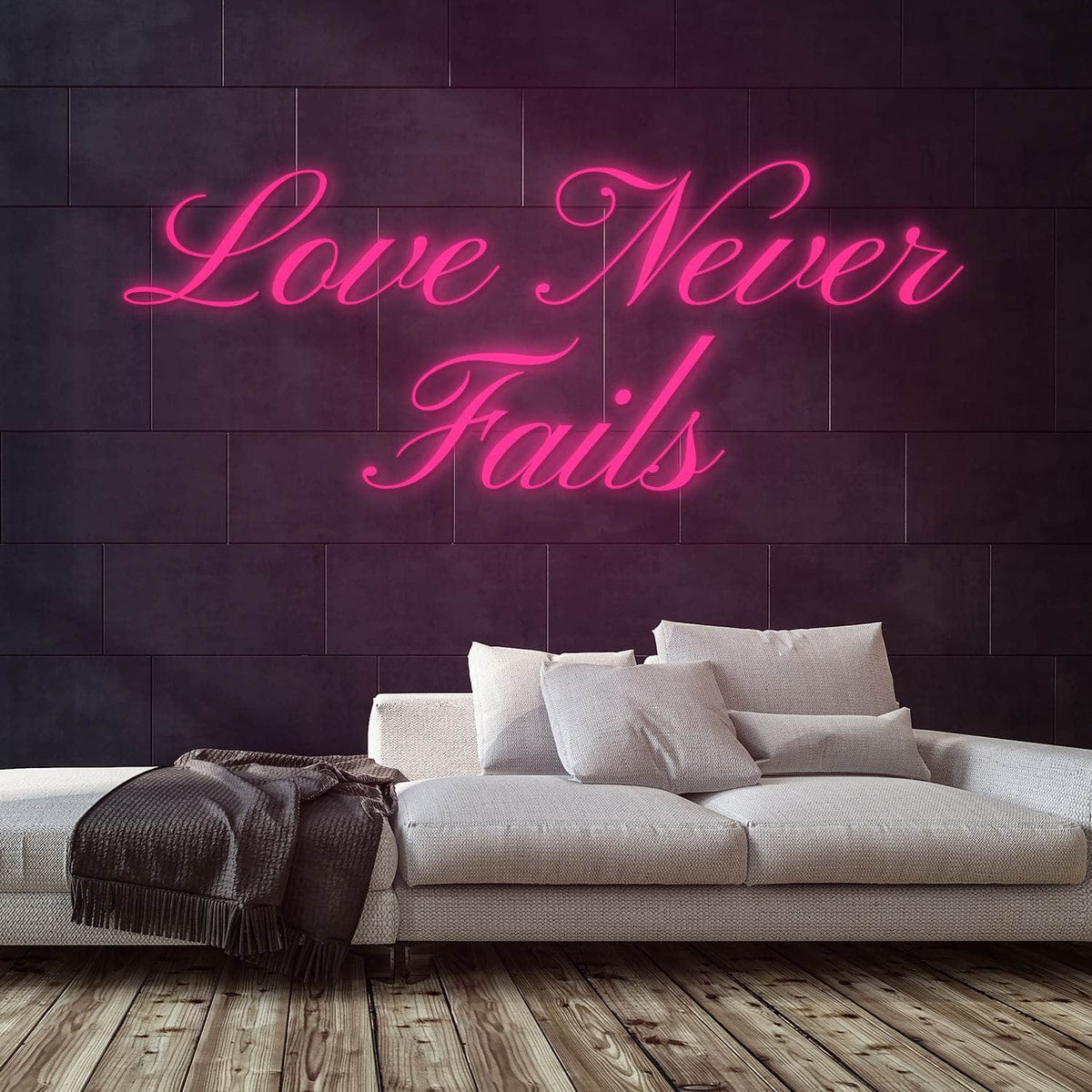 Love Never Fails Neon Sign — Pink neon (room)